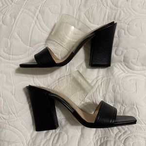 Vince Camuto felima two strap wedge sandals clear lucite black leather size 5.5